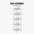Assembly diagram of bamboo 6-tier slim shelf showing screw connection points; text reads Easy Assembly one-step setup