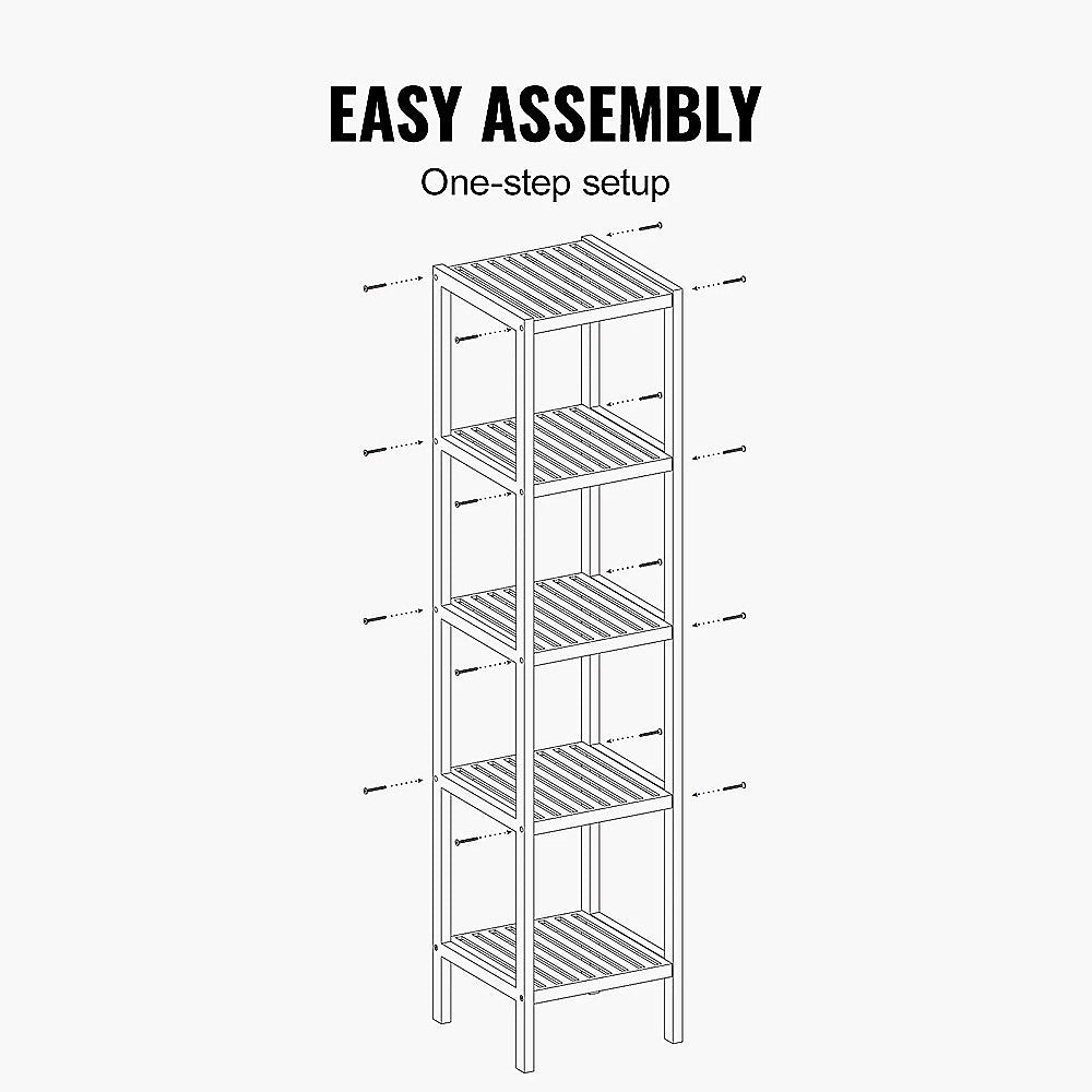 Assembly diagram of bamboo 6-tier slim shelf showing screw connection points; text reads Easy Assembly one-step setup
