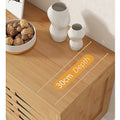 Natural bamboo TV unit top surface close-up with 30cm depth label walnut bowl and two white ribbed vases