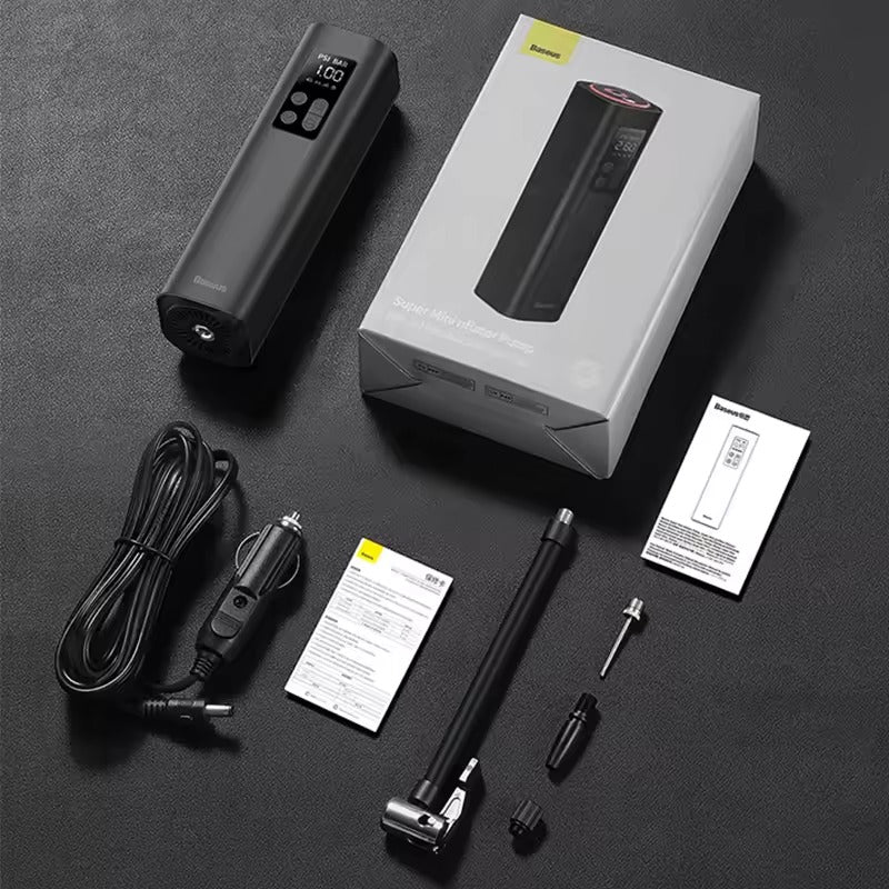 Baseus tyre inflator with box contents: pump, cigarette lighter cable, extension hose, two adaptors and instruction manuals