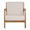 Beige fabric armchair with curved wood frame and open armrests front view on white background