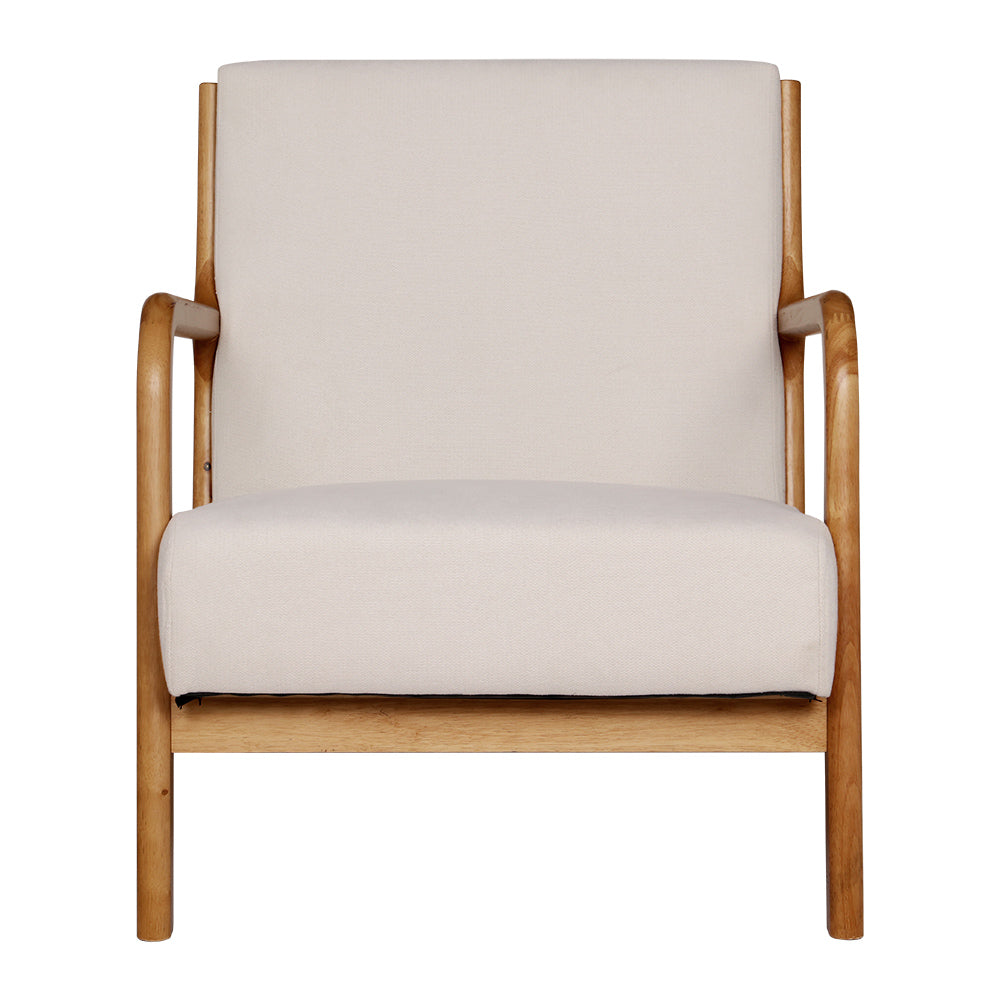 Beige fabric armchair with curved wood frame and open armrests front view on white background