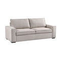 Angle view of beige fabric sofa bed in upright position with two separate back cushions and square track arms