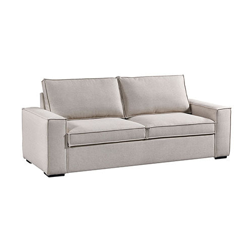 Angle view of beige fabric sofa bed in upright position with two separate back cushions and square track arms