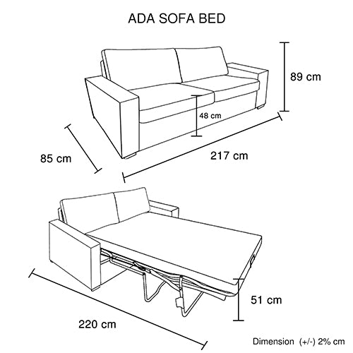 ADA sofa bed dimensions diagram: 217cm wide, 89cm high, extends to 220cm x 51cm bed, black metal frame