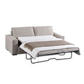 Beige fabric sofa bed fully extended showing white mattress with brown throw blanket and black metal frame