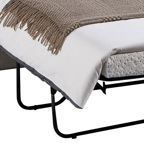 Close-up of beige sofa bed pull-out frame showing black metal folding base, white mattress and brown throw blanket