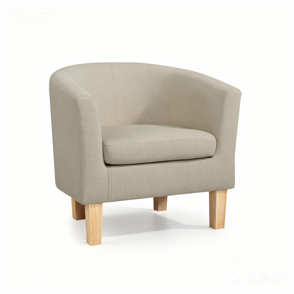 Beige fabric tub armchair with curved barrel back and solid natural wood legs angle view on white background