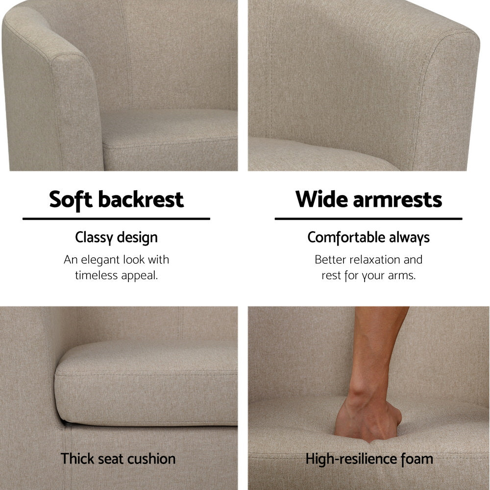 Beige fabric tub armchair four-panel detail showing soft backrest wide armrests thick seat cushion and high-resilience foam