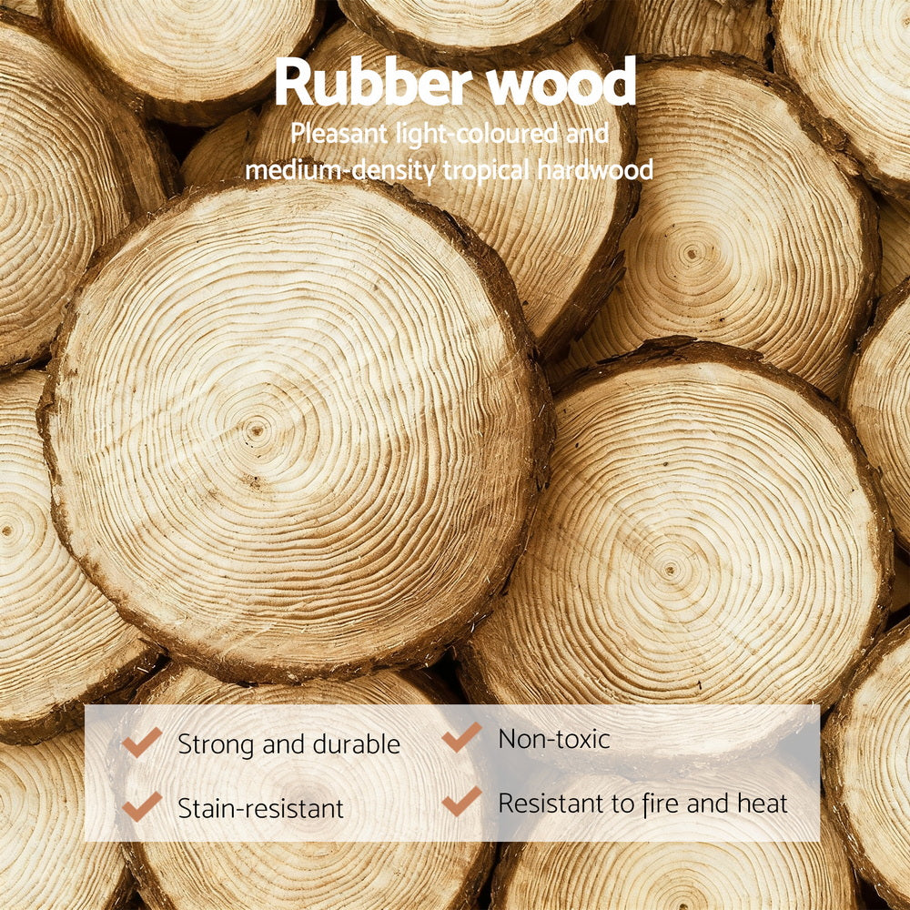Rubber wood info panel showing log cross-sections and checklist Strong durable Non-toxic Stain-resistant fire resistant