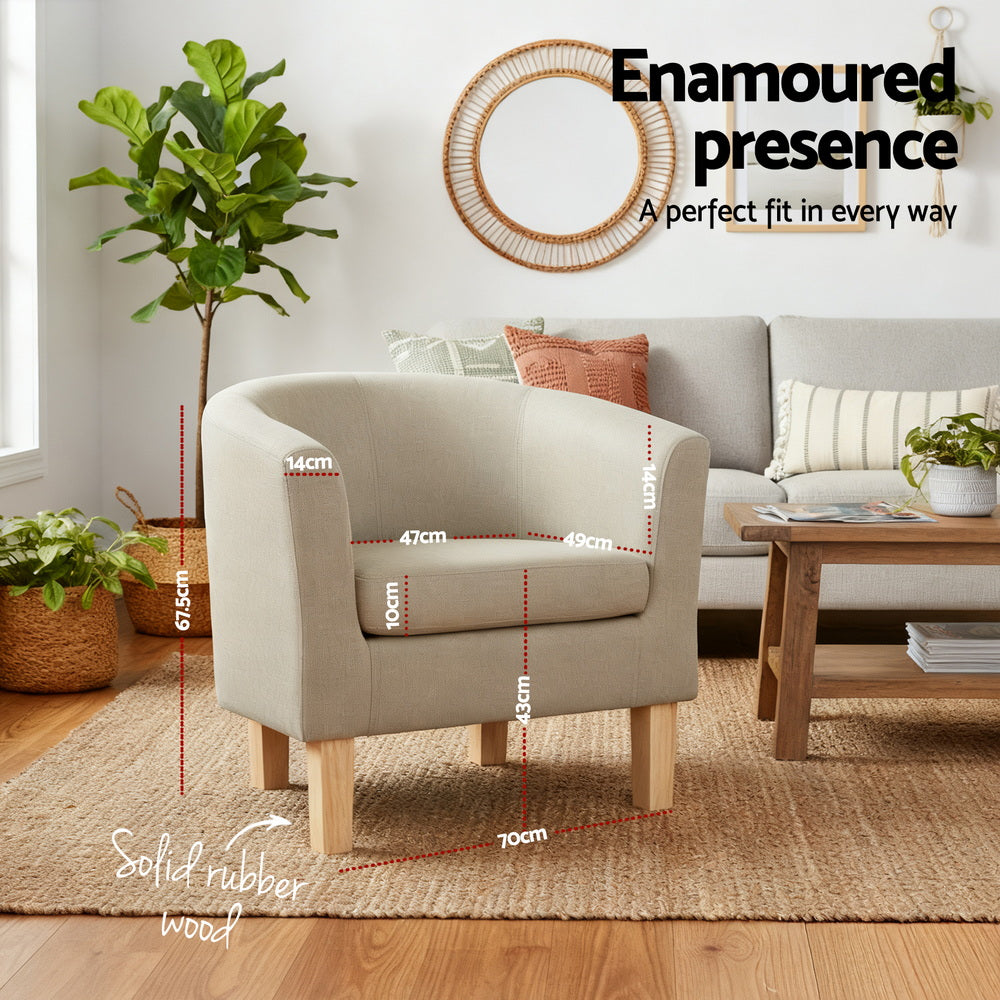 Beige fabric tub armchair in lifestyle room with dimensions overlay showing 70cm width 67.5cm height and 43cm seat height