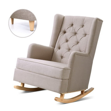 Beige linen fabric button-tufted wingback rocking chair with natural wooden rocking legs, angle view on white background