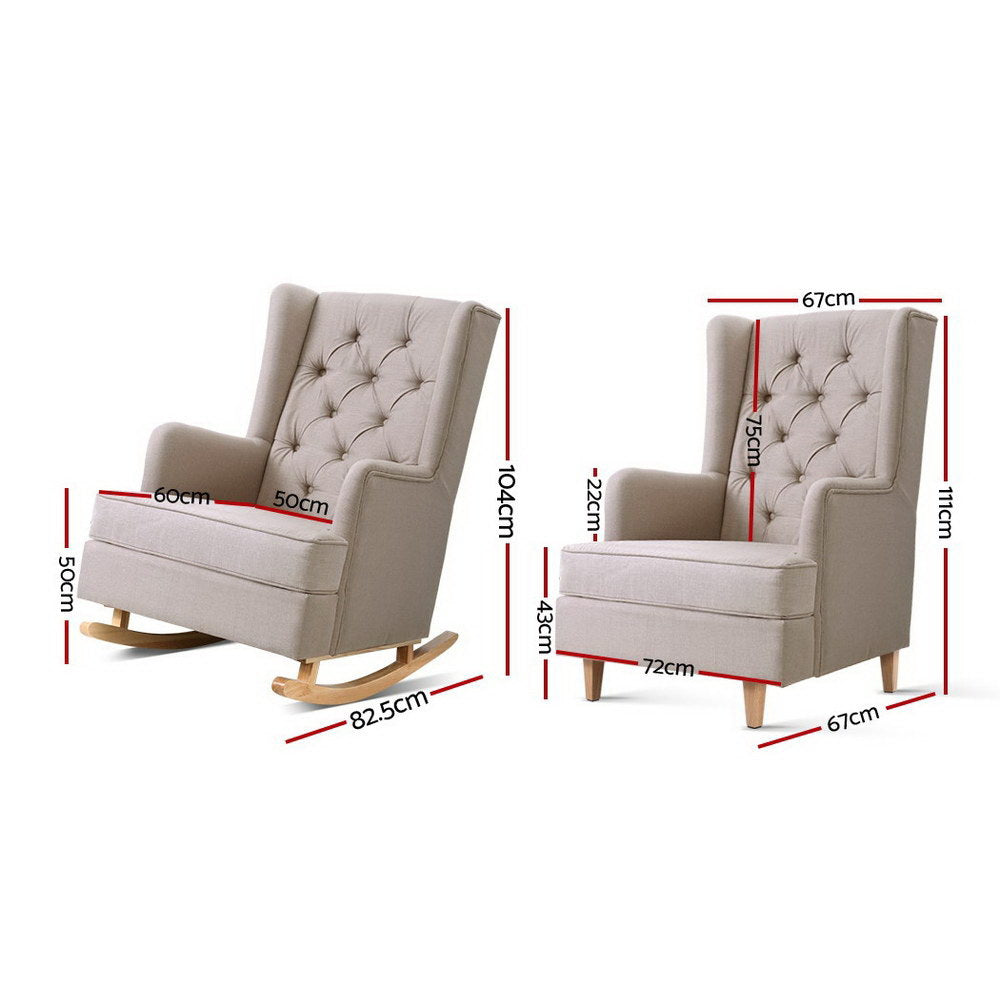 Beige linen fabric button-tufted wingback rocking chair with natural wooden rocking legs, angle view on white background