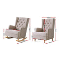 Dimensions diagram of beige wingback rocking chair: rocking version 82.5W 104H cm, stationary 67W 111H cm, seat 60x50cm