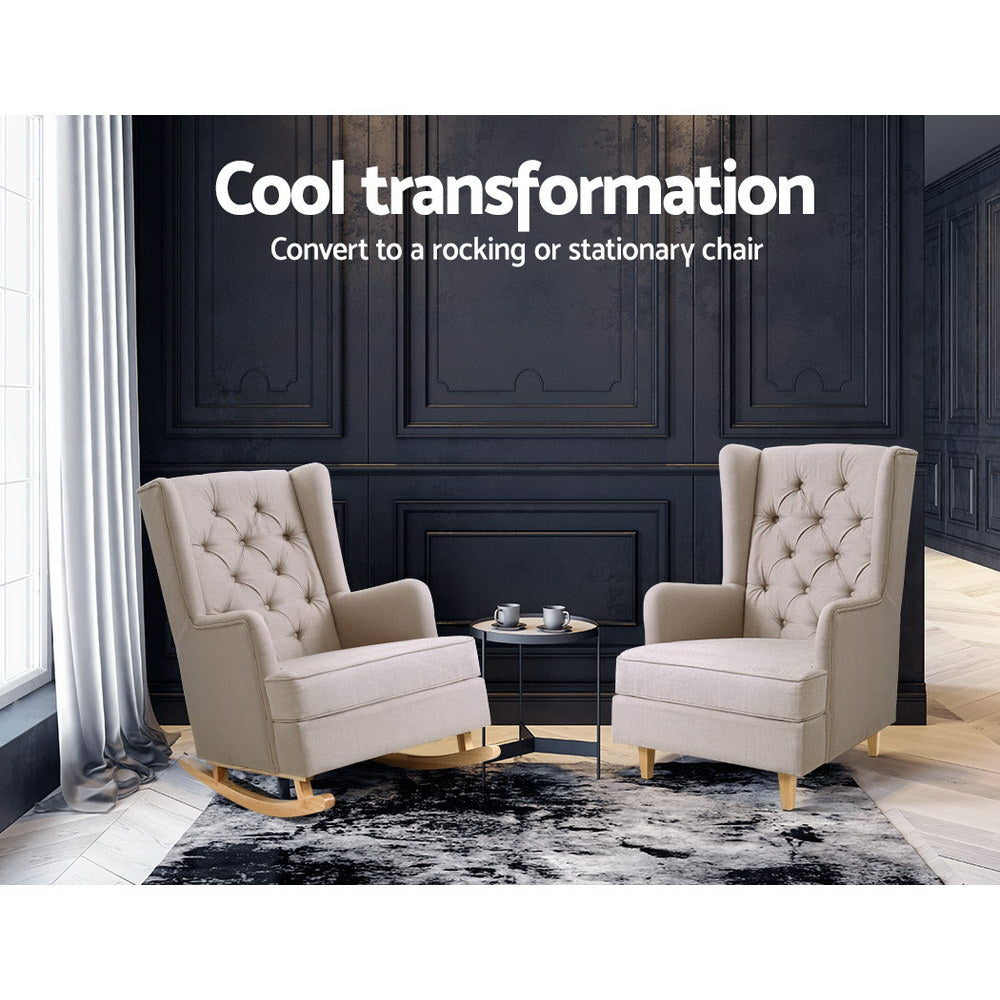 Two beige tufted wingback chairs in dark room, one rocking one stationary, text: Convert to a rocking or stationary chair