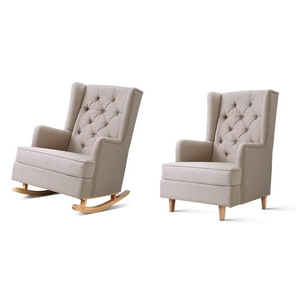Two beige fabric tufted wingback chairs side by side on white background, left on rocking legs and right on straight legs