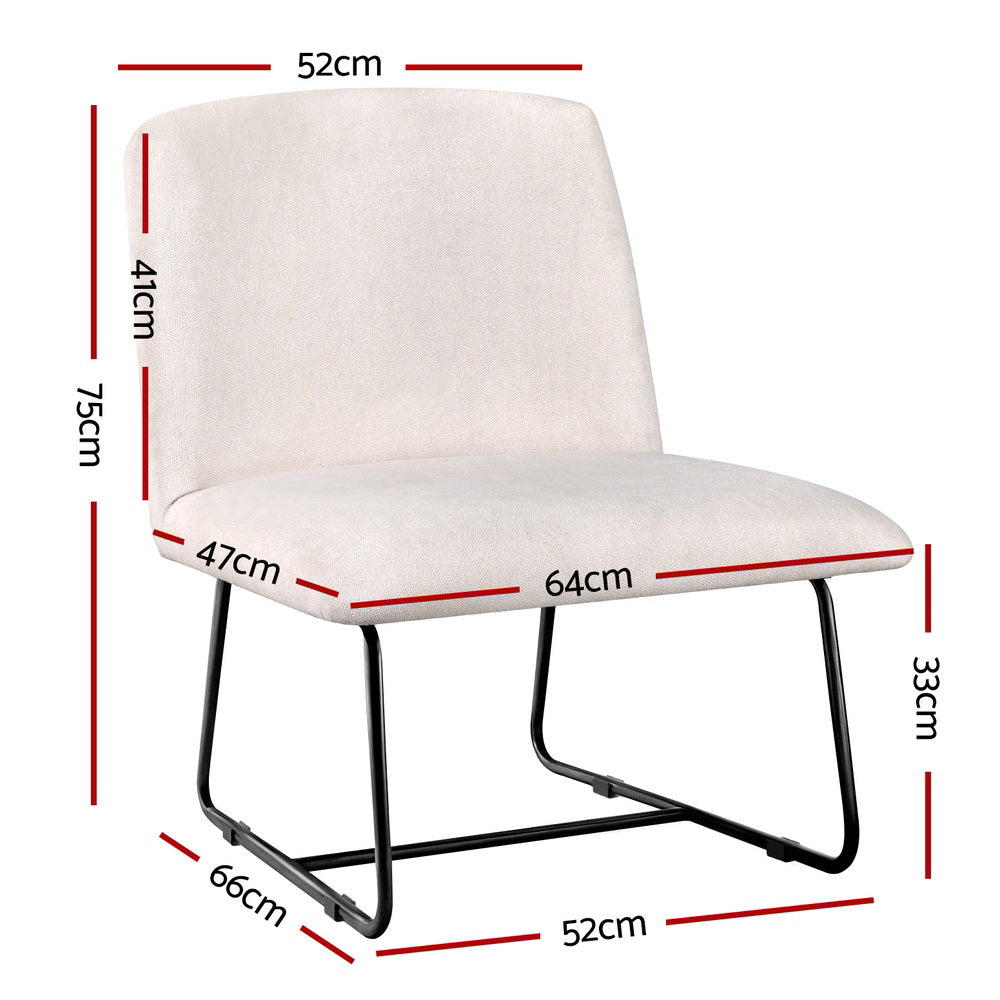 Beige linen fabric armless accent chair with curved back and black sled metal base, three-quarter view on white background
