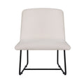 Beige linen fabric armless accent chair front view with black sled metal base on white background, curved back, wide seat