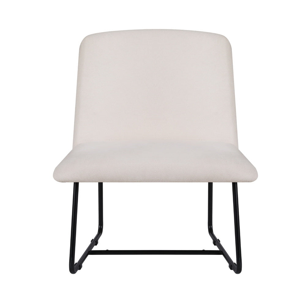 Beige linen fabric armless accent chair front view with black sled metal base on white background, curved back, wide seat