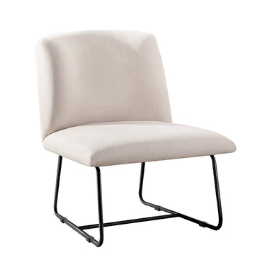 Beige linen fabric armless accent chair with curved back and black sled metal base, three-quarter view on white background