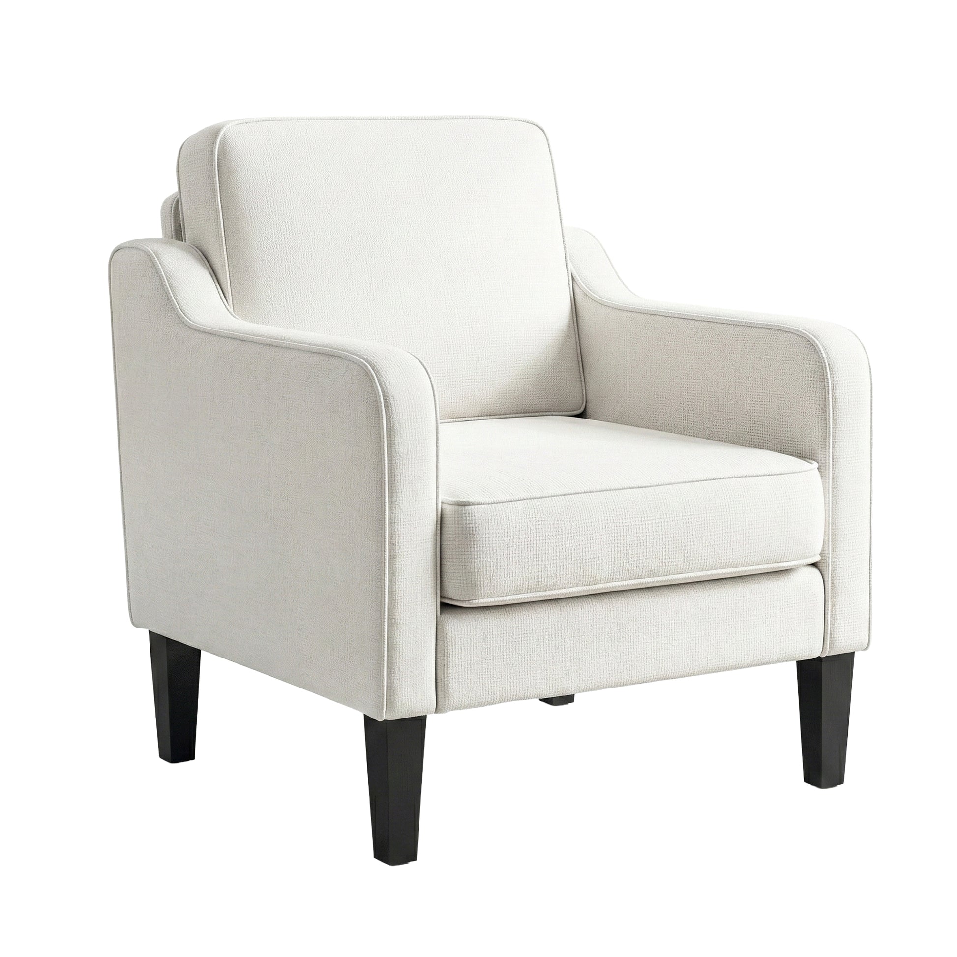 Beige linen armchair with piped trim, box back cushion and dark tapered legs, angle view on white background