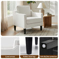 Beige linen armchair by window with wood side table, insets: Cured armrest, Rubber wood legs, Anti-slip floor protectors