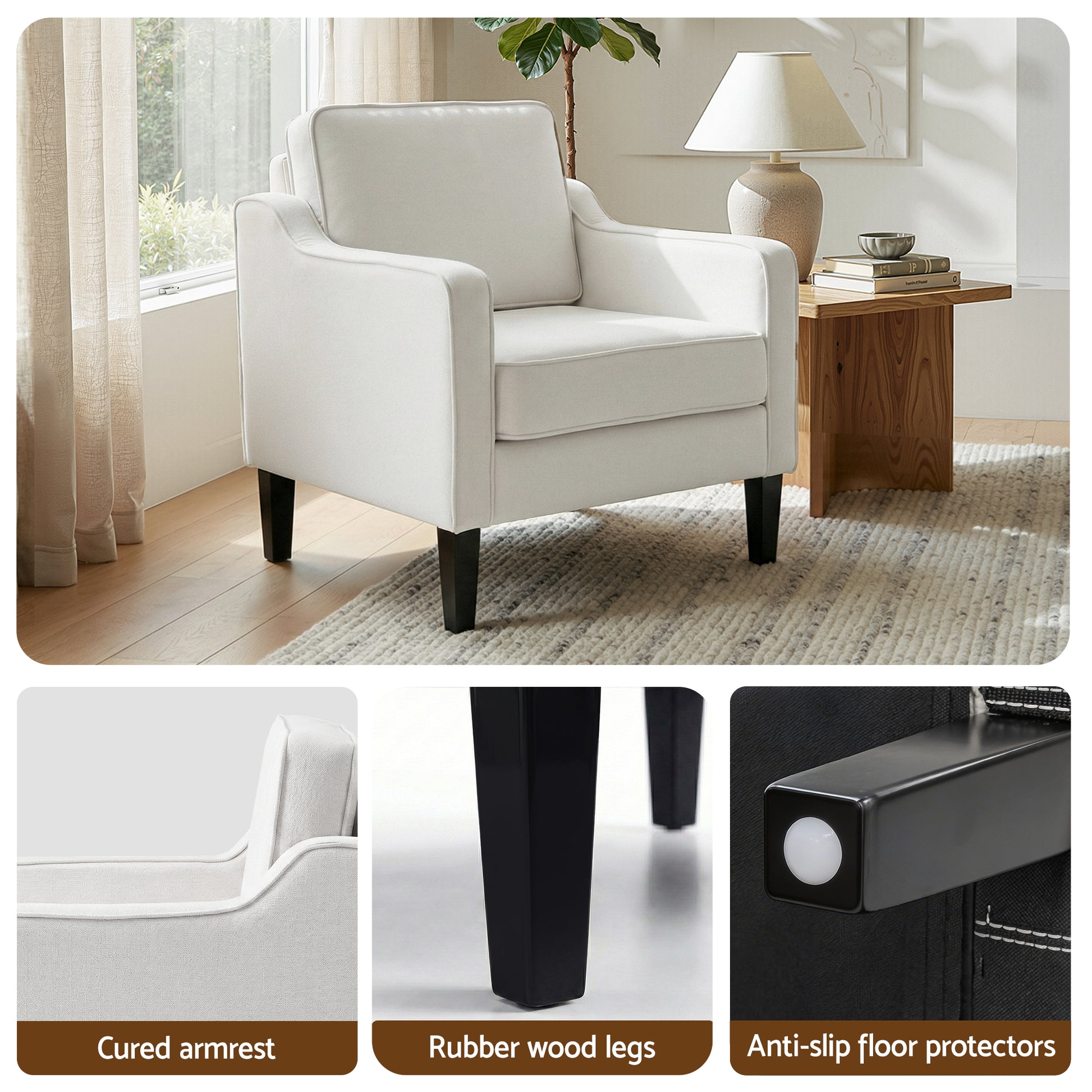 Beige linen armchair by window with wood side table, insets: Cured armrest, Rubber wood legs, Anti-slip floor protectors