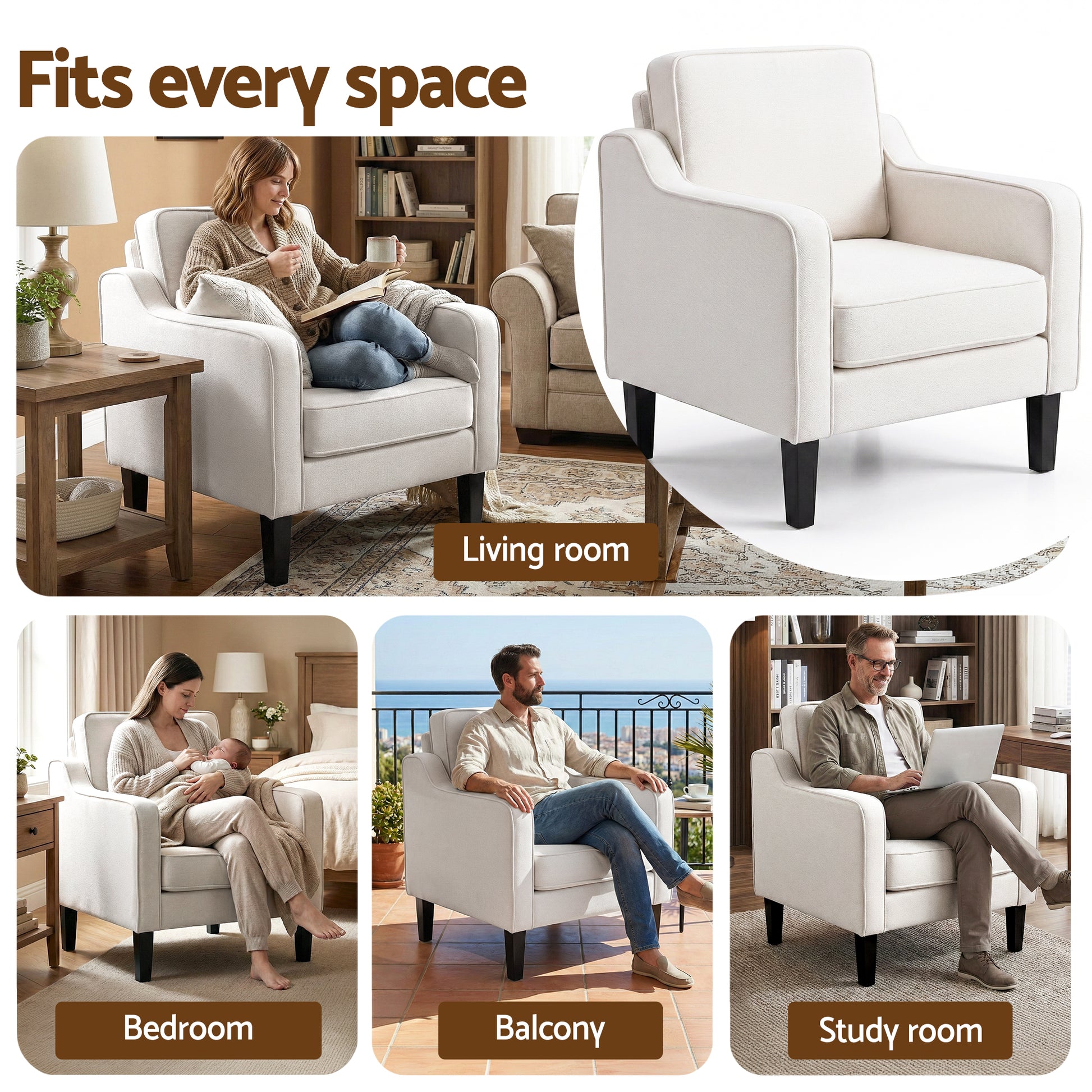 Beige linen armchair composite, text: Fits every space, settings: Living room, Bedroom, Balcony, Study room