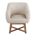 Beige linen barrel armchair beside round walnut side table, pendant lamp, blinds and plant, badges: Breathable, Soft Touch
