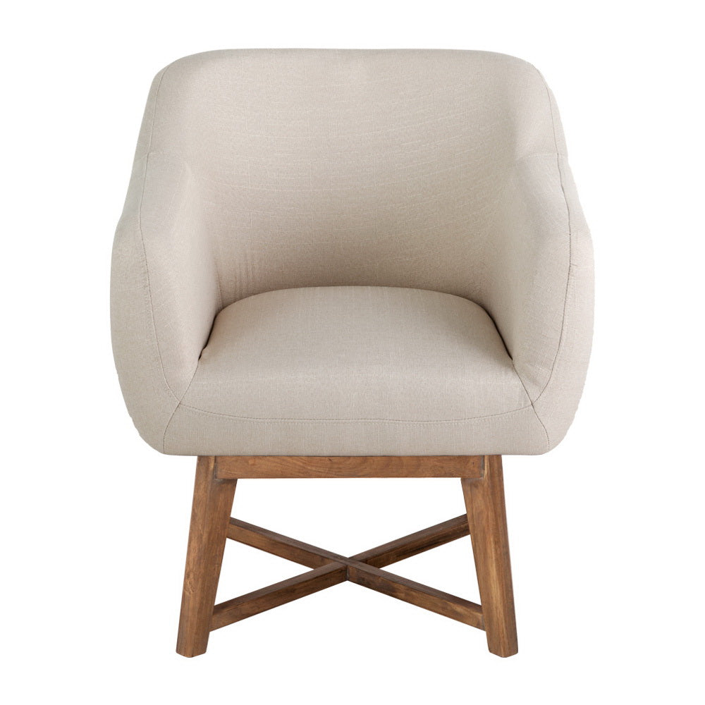 Beige linen barrel armchair beside round walnut side table, pendant lamp, blinds and plant, badges: Breathable, Soft Touch