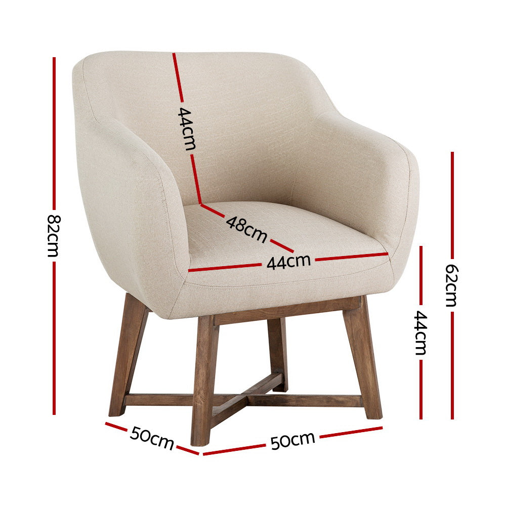 Beige barrel armchair feature detail: 17cm seat depth, smooth round corners, criss-cross solid rubber wood base close-up