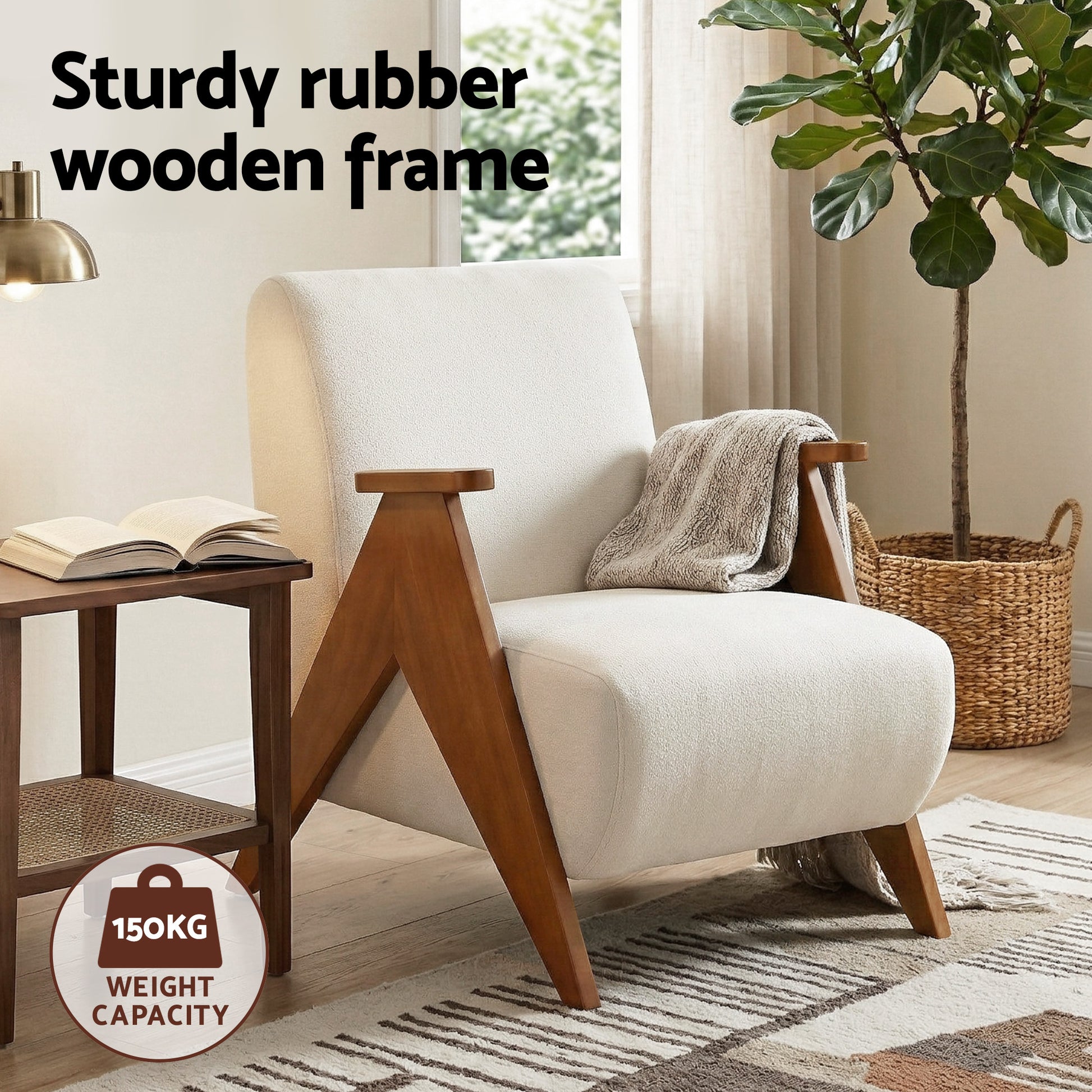 Two beige linen barrel armchairs flanking walnut cylindrical side table with bud vase, slatted wall panel background