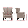 Dimensions diagram of beige nailhead wingback armchair: 76W 61H 75D cm, seat 46.5x50cm, seat height 45cm, legs 18cm