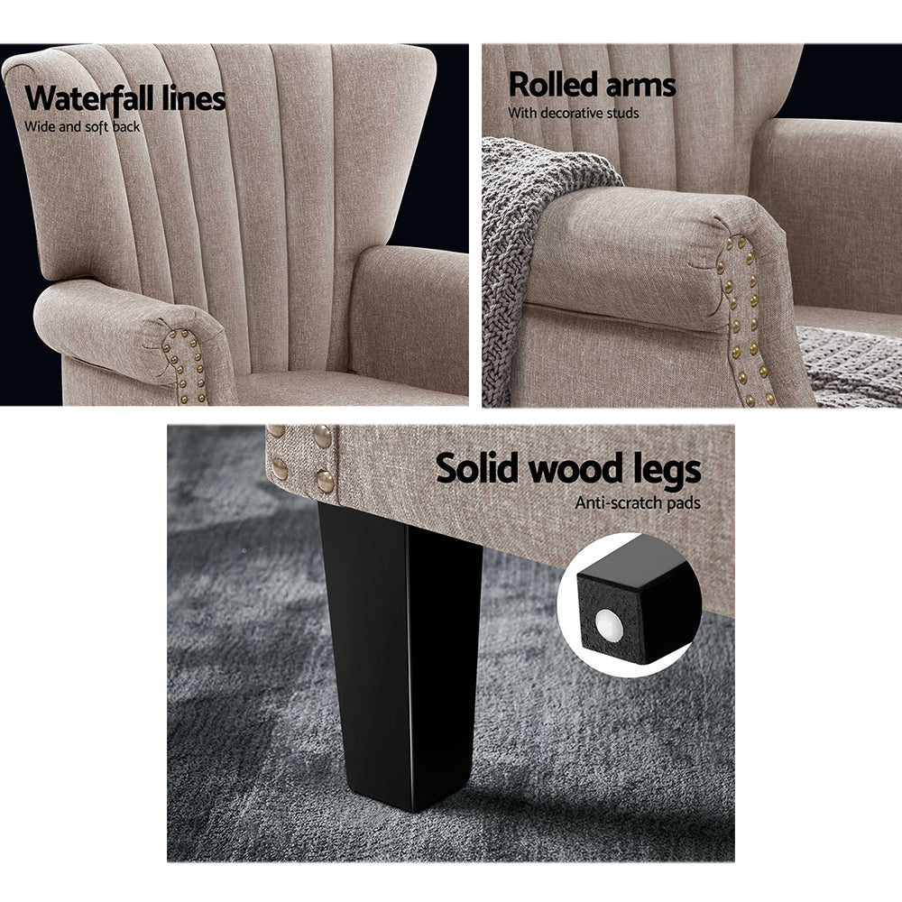 Three-panel detail: channel-stitched back, rolled nailhead arm, and black solid wood leg with anti-scratch pad