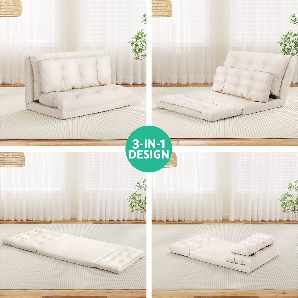 Beige PU floor lounger 3-in-1 design infographic showing four positions: upright, reclined, flat and folded