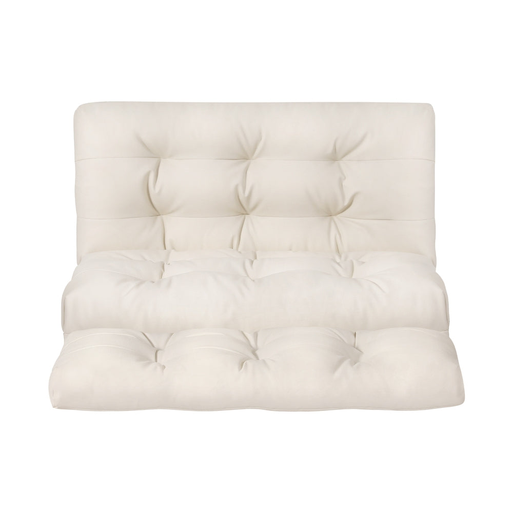 Cream beige PU leather 2-seat floor lounger in upright seated position, front view on white background