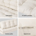 Beige PU floor lounger materials infographic showing tufted pattern, PU leather close-up, accessory pillow and zippered cover
