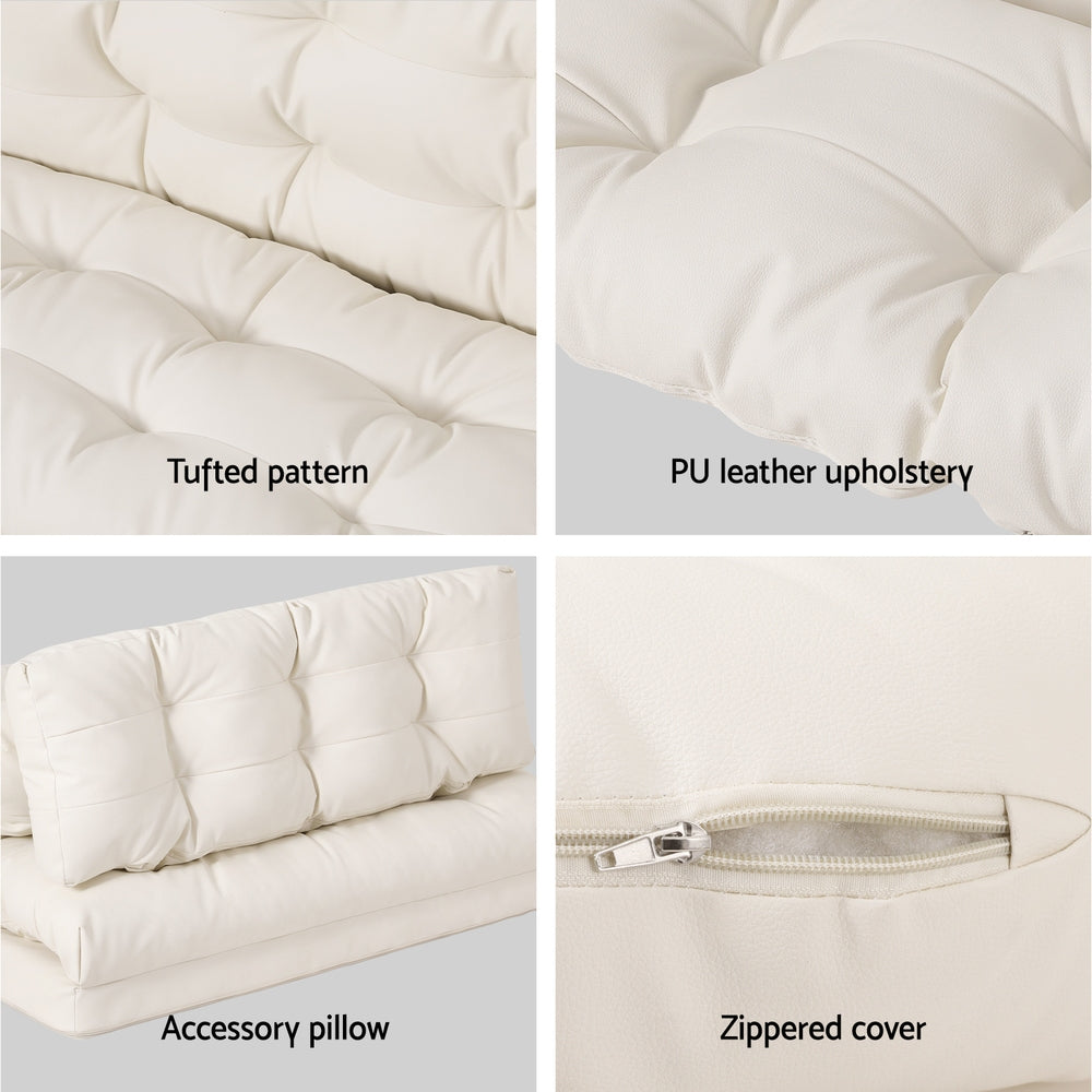 Beige PU floor lounger materials infographic showing tufted pattern, PU leather close-up, accessory pillow and zippered cover