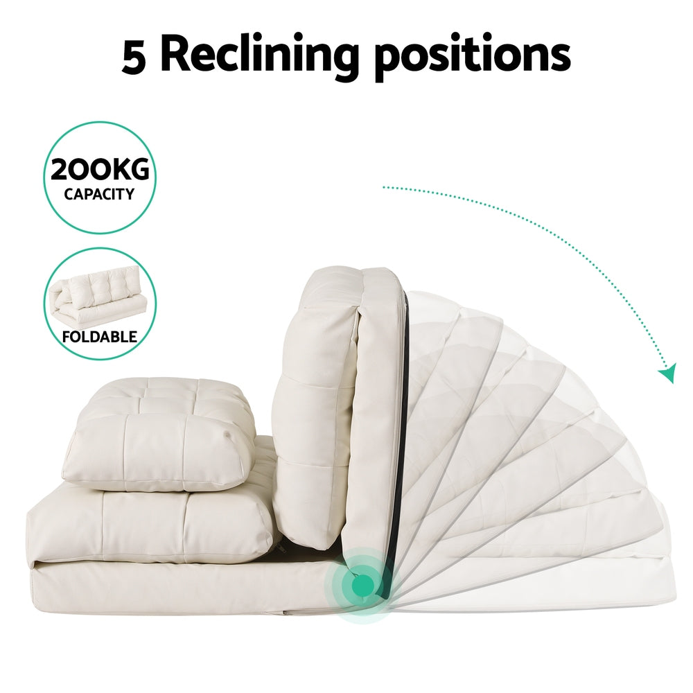 Beige PU floor lounger 5-reclining-positions infographic with backrest fan diagram, 200kg capacity and foldable badges