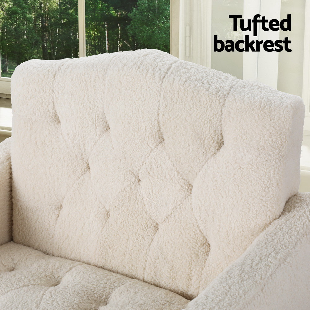 Close-up of cream teddy armchair diamond-tufted backrest with Tufted backrest text and window with trees behind