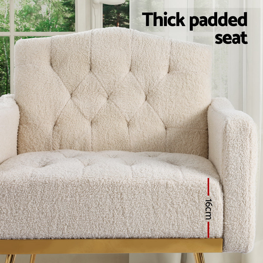 Close-up of cream teddy armchair showing 16cm thick padded seat with Thick padded seat text and tufted backrest