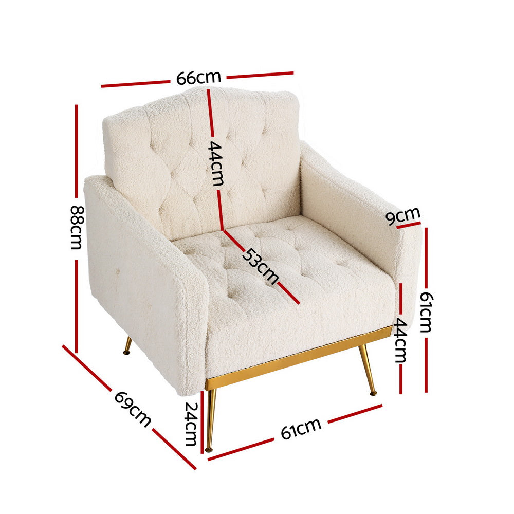 Cream teddy armchair dimension diagram showing 66cm wide 88cm high 53cm seat depth and 61cm seat width on white background