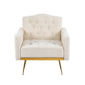Cream teddy button-tufted armchair with arched backrest and gold metal legs front view on white background