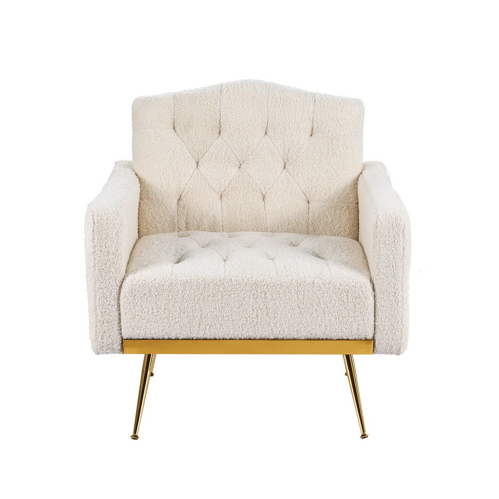 Cream teddy button-tufted armchair with arched backrest and gold metal legs front view on white background