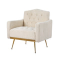 Cream teddy button-tufted armchair with gold tapered metal legs and gold base rail angle view on white background