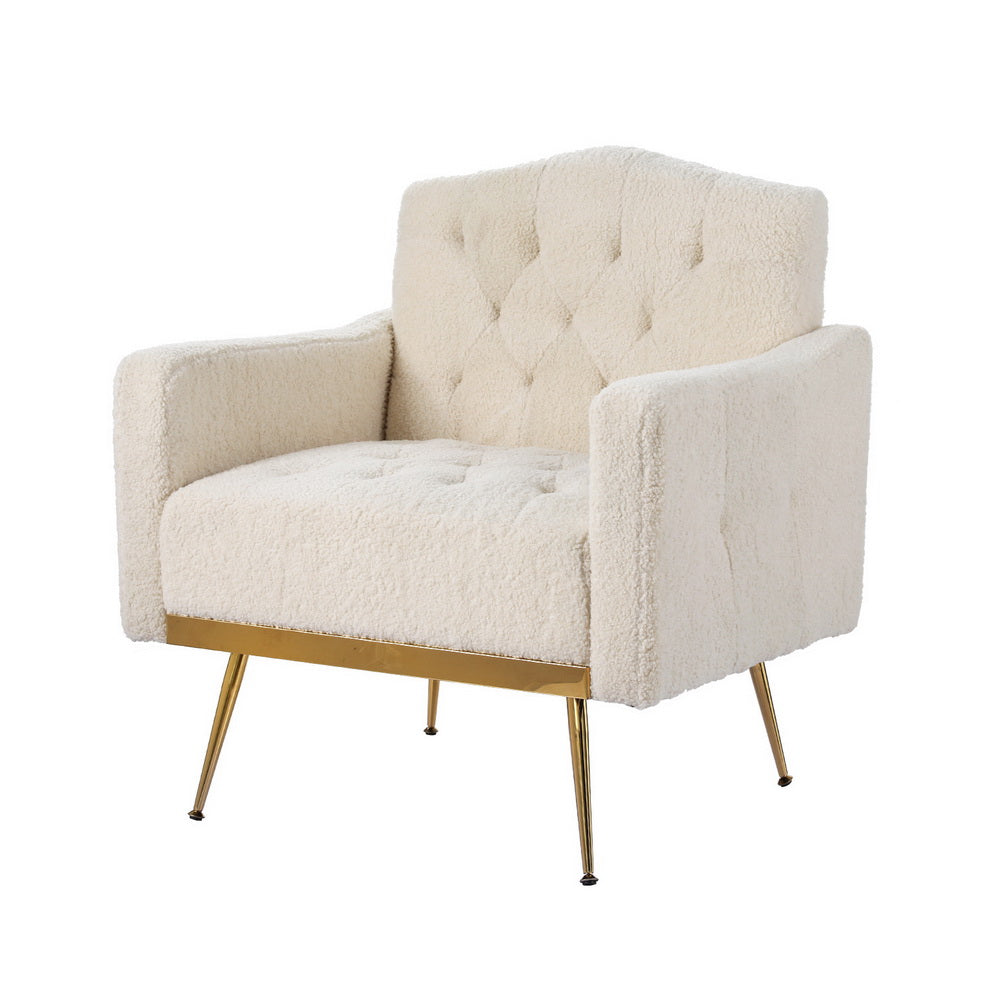 Cream teddy button-tufted armchair with gold tapered metal legs and gold base rail angle view on white background