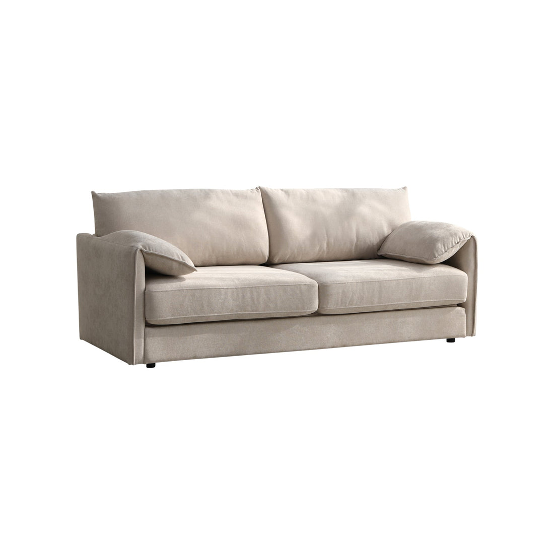 Beige plush 3-seater sofa with voluminous cushions and two throw pillows on white background