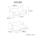 Sofa bed dimension diagram showing 209cm width 84cm height upright and 188cm by 147cm flat bed