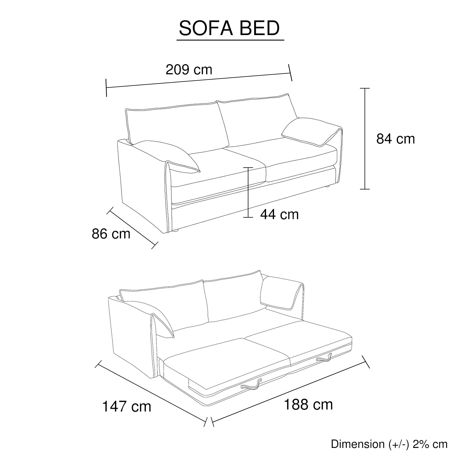 Sofa bed dimension diagram showing 209cm width 84cm height upright and 188cm by 147cm flat bed