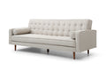 Beige velvet tufted sofa bed left angle view in sofa mode showing pleated arm cushions and back